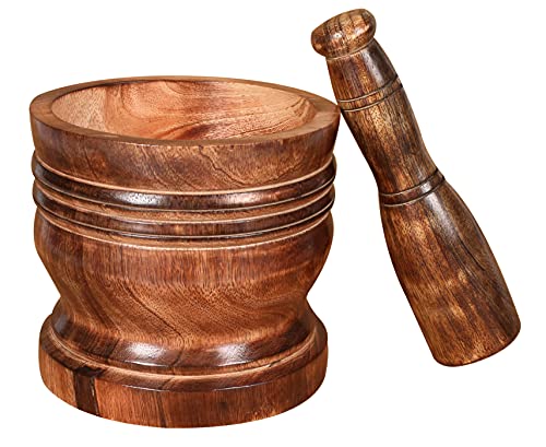 Wooden Mortar & Pestle Set,Rustic Handmade Mortar, Herb Spice Grinder Masala, Mixer Manual Kharal Mashing Bowl Seasonings, Pill Crusher, Kitchen Utensils, Garlic Press, Coffee Grinder - Natural Burnt #TOP20