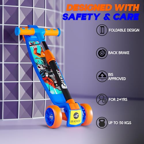 Image of Konex Kick Scooter for Kids (2+ Years) | 3 Broad Rubber Wheels for Smooth Ride | 4-Level Height Adjustable Handle | Foldable & Portable with Back Brake (Blue-Orange, ECO)