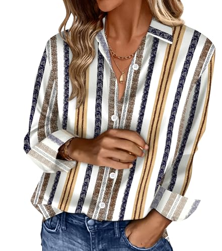 OFEEFAN Womens Button Down Dress Shirts Blouses Casual Fashion Outfit Spring Summer Boho Clothes V Neck Business Tops Print 12 L
