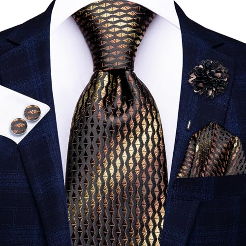 Image of Hi-Tie Black and Brown Striped Ties Men Woven Formal Necktie Lapel Pin Pocket Square Cufflinks Sets Formal Business Wedding