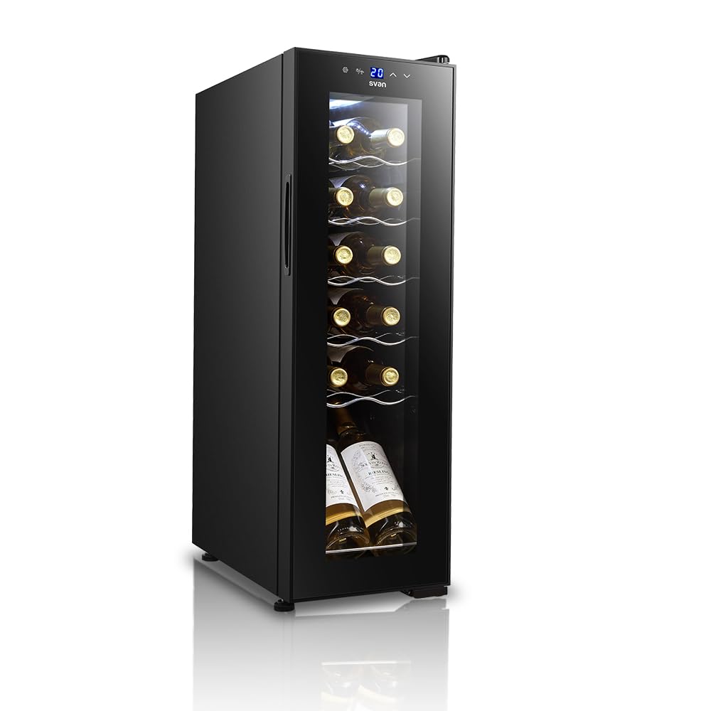 SVAN Vinoteca 12 Botellas Negro SVN1200S. 65W, Display LED táctil, Pantalla Digital Exterior, 7 Rejillas Metálicas, Clase de Eficiencia Enérgetica G