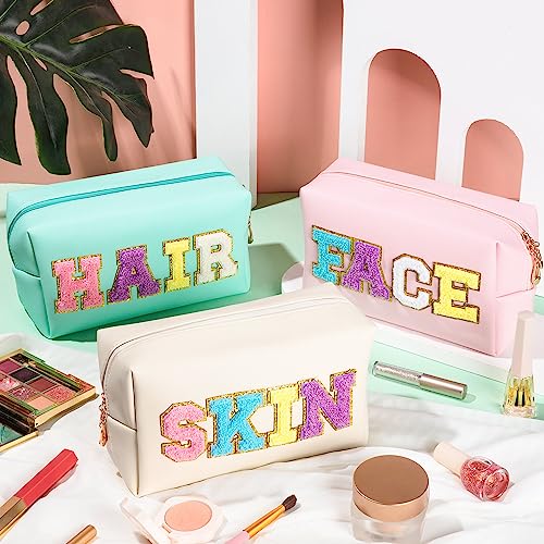 ZAUGONTW 3 Pcs Preppy Patch Makeup Bag Chenille Letter Bag, PU Leather Waterproof Toiletry Bag Hair Bag with Nylon Zipper Patches Makeup Organizer Bag Set for Women4