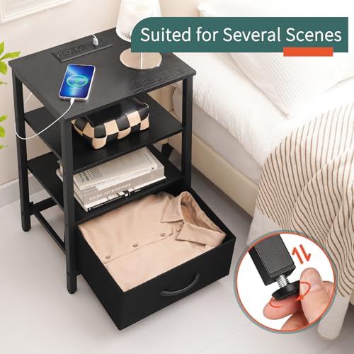 Image of Yoobure Side Table with Storage, LED Night Stand with Charging Station, End Tables Living Room, Nightstand for Bedroom with Adjustable Fabric Drawer, 3-Tier Wood Bedside Table, Black