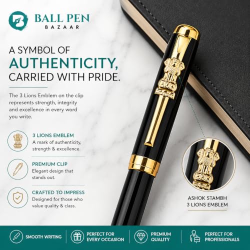 Image of Pen Paradise Metallic Glossy Black Ball Pen with Gold Ashoka Emblem Clip | Openable Cap Metal Executive | Black Ink Smooth Writing | Premium Office Signature Gift Pen | Pack of 1