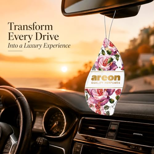 Image of AREON Rose Valley Hanging Air Freshener - Luxury Rose Floral Fragrance for Car, Home, Office, Long Lasting Perfume Aroma Odor Eliminator Decorative Scent Freshener (Pack of 3)