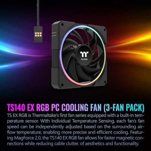 Image of Thermaltake TS140 EX RGB 140mm; Embedded Temperature Sensor; PWM 500~2000 RPM; MagForce 2.0; Airflow 93.35 CFM; Hydraulic Bearing; TT RGB Plus 3.0; Controller Included; 3-Pack; Black; CL-F208-PL14SW-A