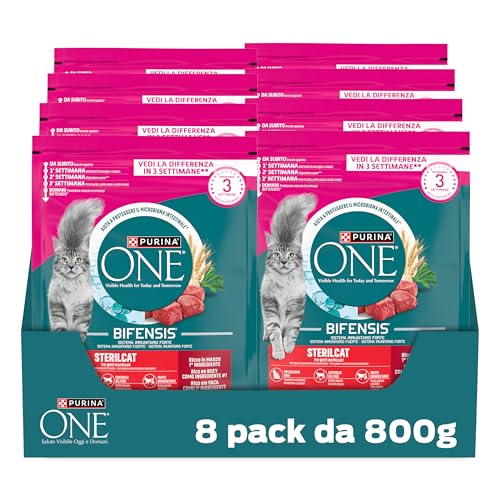 PURINA ONE Bifensis Sterilcat Crocchette per Gatti Adulti Sterilizzati con Manzo e Frumento 8 Sacchi da 800g
