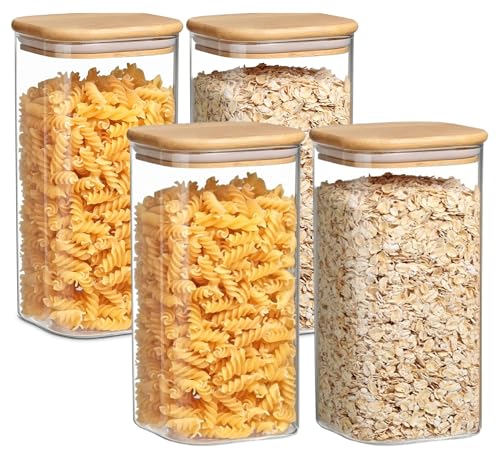 Image of MARTVIA Glass Food Storage Jars with Bamboo Lids 1500ml Set of 4, Wide Mouth Lid Jar for Home Kitchen,Flour, Sugar, Coffee, Pasta, Oats, Grains, Cookies, Snacks (Sqaure 1500 ML Jar, SET OF 4)