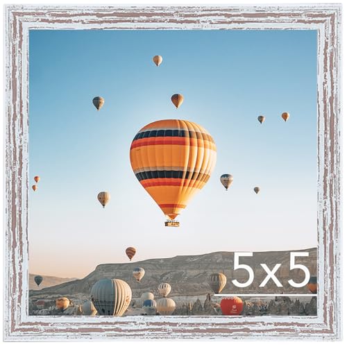Image of JCJMY 5x5 Picture Frame for Wall Hanging or Tabletop, Wall Mounting Horizontally or Vertically, 5 x 5 Square Wall Gallery Poster Photo Frame with Shatter Resistant Plexiglass, Rustic White