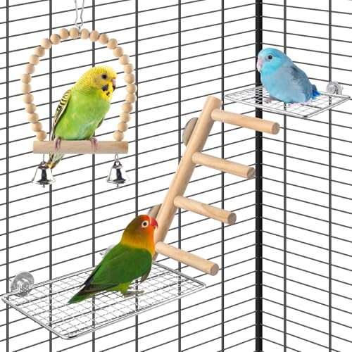 Image of DBNESS 4Pcs Bird Perches Toys, Stainless Steel Perch Platform (2 Sizes), Natural Wood Parrot Climbing Ladder & Swing with Bell, Play Gym Cage Accessories for Budgie Cockatiel Lovebird Canary Conure