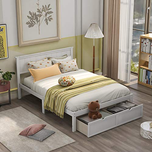 Moeo Full Size Platform Bed With Drawer, Solid Wood Bedframe For Kids/Bedroom/Boys/Girls/Teens, White #TOP6