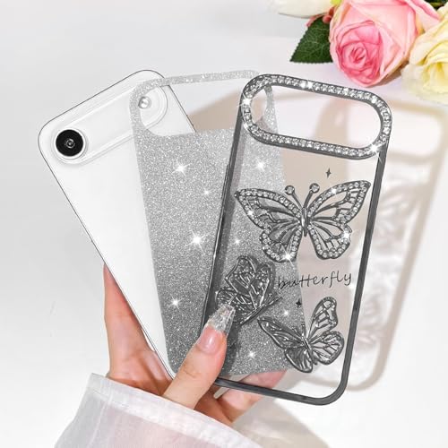 Image of Elzzi Electroplated Butterfly Phone Cover for iPhone 17 Air Case, Showcasing Pearlescent Diamond Soft TPU, Camera Protection, Shockproof, Dropresistant Stylish for Girls & Women (Grey)