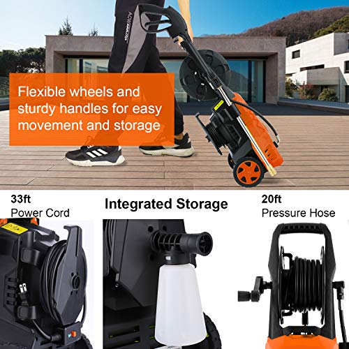 WHOLESUN 3000PSI Electric Pressure Washer 2.4GPM Power Washer 1600W High Pressure Cleaner Machine with 4 Nozzles Foam Cannon,Best for Cleaning Homes, Cars, Driveways, Patios (Organe)