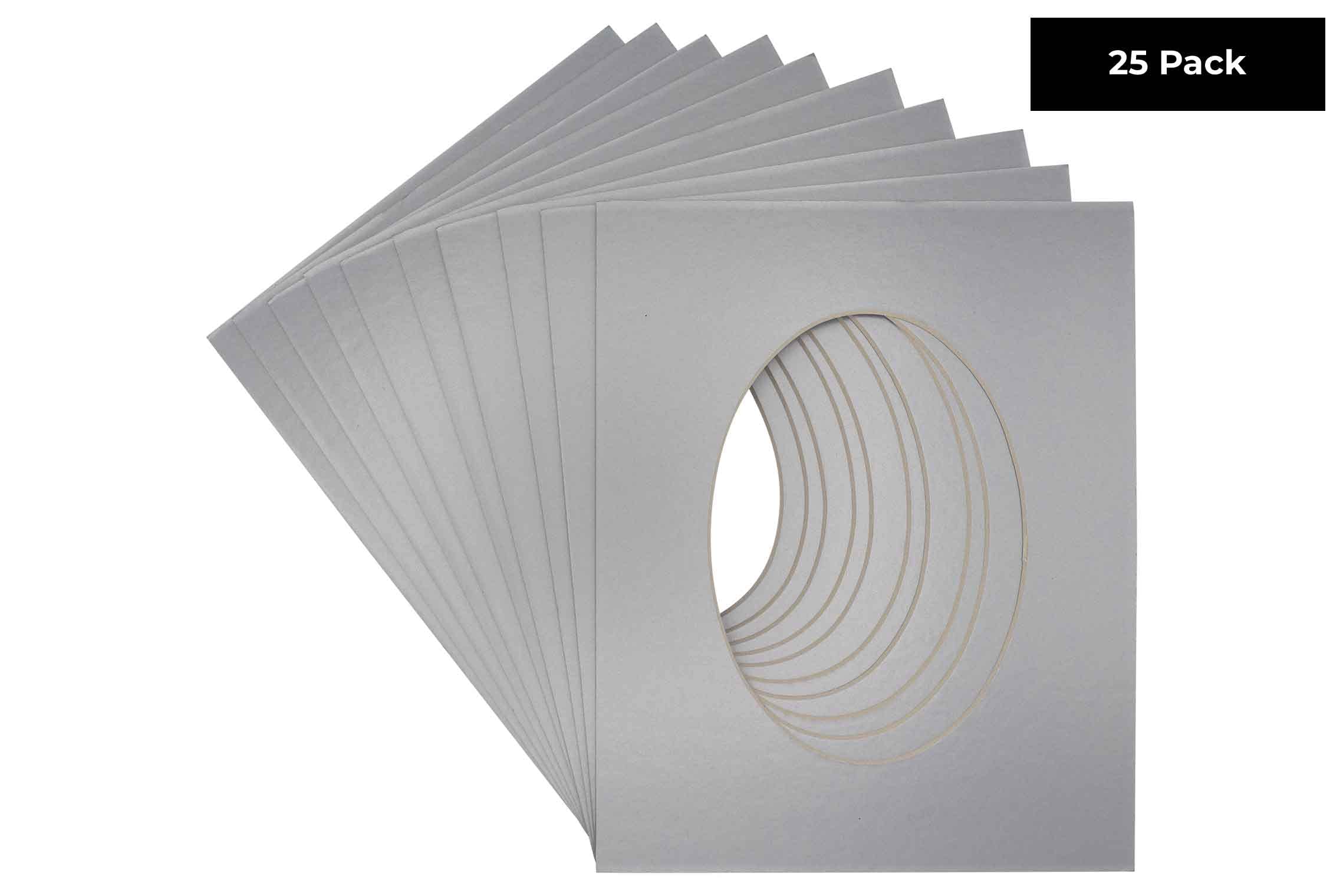 CountryArtHouse Metallic Silver Acid Free 8.5x11 Oval Picture Frame Mat with White Core Bevel Cut for 5x7 Pictures - Fits 8.5x11 Frame - Pack of 25 Matboards