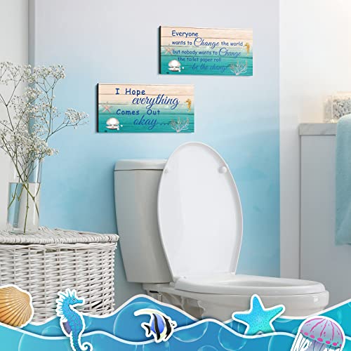 Jetec 2 Pieces Funny Bathroom Decors Bathroom Rules Sign Plaque Wooden Funny Bathroom Decor Sign Guest Hanging Wall Art Decorative Signs Rustic Wall Art (Blue,Ocean Style) - Image 6