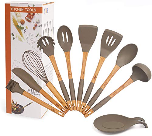 Kitchen Utensil Set and Spoon Rest - 10 Pieces Natural Bamboo Wood Handles