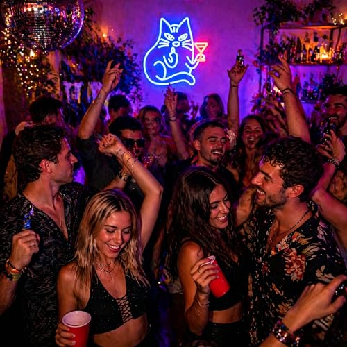 Image of Cocktail Cat Neon Sign for Wall Decor Light Up Sign Led Signs for Room Party Home Wall Decor USB Powered