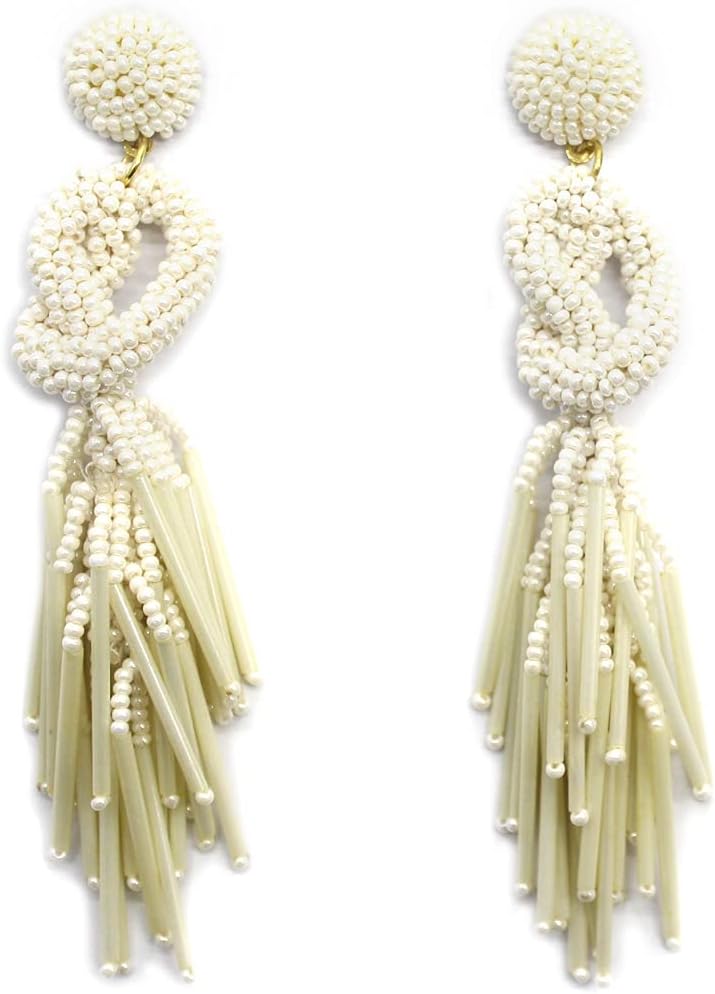 Handmade Beaded Solid Color Post Statement Earrings for Women All Season 4 inch Long