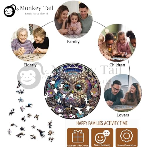 Image of MONKEYTAIL Whimsy Wooden Jigsaw Puzzle for Adults & Kids - Laser-Cut Pieces, 3D Puzzle Box as Birthday Gift for Boys & Girls - Brain Teaser, Home Decor & Family Game (OWL, Size: Small)