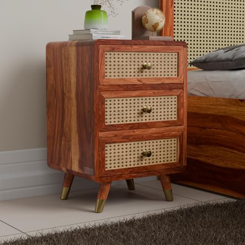 Image of DRIFTINGWOOD Amber Nightstand Bedside Table with 3 Drawers - Solid Sheesham Wood & Rattan Cane Front - Mid Century Modern Wooden End Table for Bedroom - Honey Finish