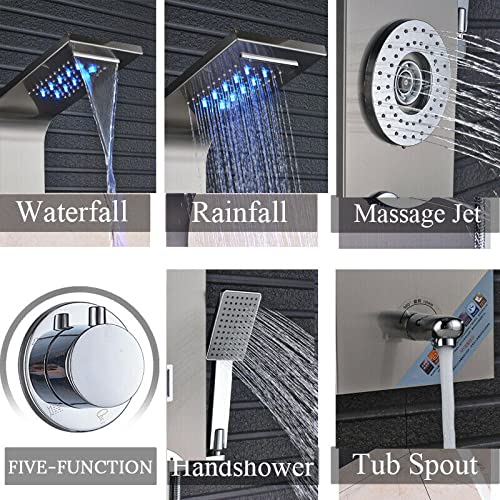 Panel de ducha con torre de cuerpo en acabado níquel cepillado con LED, sistema de masaje y jets de agua tipo cascada miniatura 7