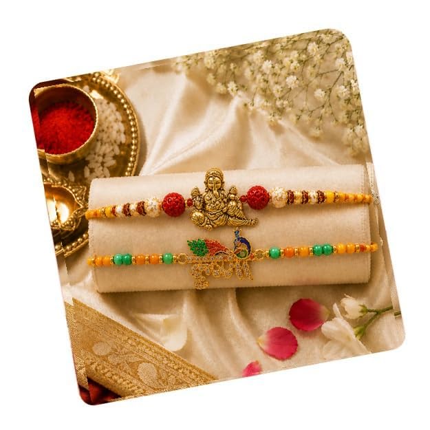 Image of CraftVatika Rakhi Set of 2 for Brother, Premium Religious Rudraksh Om Ganesha Rakhi for Brother Boy Men Bhaiya, Rakshabandhan Thread Combo for Bhai, Best Wishes Card and Tillak Set, Traditional Festival Set