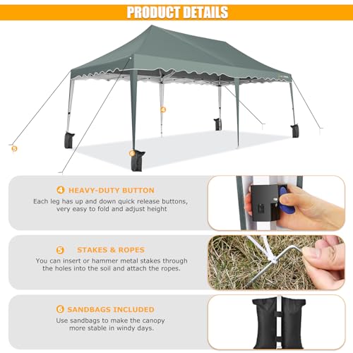 HOTEEL-10×20-Pop-Up-Canopy-Tent-for-Parties-Outdoor-Canopy-Tent-Waterproof-Easy-Setup-Tent-Heavy-Duty-with-Church-Windows-Sandbags-Rolling-Bag-for-Party-Backyard-Wedding-Event-Grey-Green HOTEEL 10×20 Pop Up Canopy Tent for Parties Outdoor Canopy Tent Waterproof Easy Setup Tent Heavy Duty with Church Windows Sandbags Rolling Bag for Party Backyard Wedding Event Grey Green