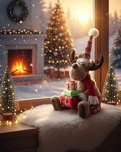 KAMACA Deko Rentier Elch Stofffigur 49 cm sitzend Weihnachtsdeko Winterfigur mit Geschenken lustige Weihnachtsdekoration weich Dekoidee Geschenk Weihnachten (Rentier mit Geschenken sitzend 49cm)