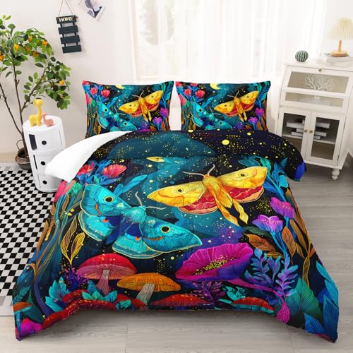 Image of AILONEN Full Neon Moth Comforter Set, Colorful Butterfly Mushroom Bedding, Botanical Night Garden Decor, Lightweight Microfiber Teens Gamer Cool Loft