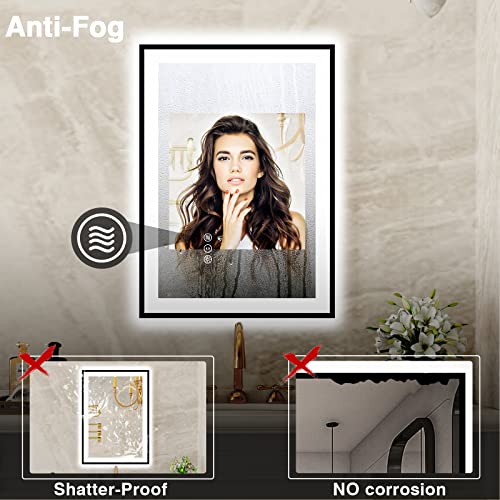 20x28 LED Bathroom Mirrors for Wall -Black Aluminum Framed (Front and Backlit), Anti-Fog Vanity Mirror With Lights,Stepless Dimmable Lighted Mirror,3 Colors Smart Mirror(Horizontal/Vertical)