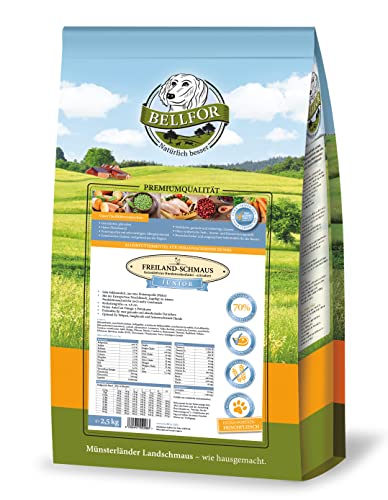 Bellfor Welpenfutter Set für Kleine Rassen Freiland-Schmaus Junior 2,5 kg Freiland-Happen 200g und Immun Pulver Junior 50g versorgt Welpen mit wichtigen Aminosäuren sowie zahlreichen Mikronährstoffen