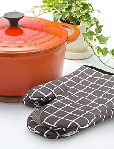 Silicone Oven Gloves, MujuDoler Heat Resistant Silicone Oven Mitts Cotton Liner Long Kitchen Cooking Gloves, Oven Accessories for Baking Barbecue Pizza Grilling (Grey)
