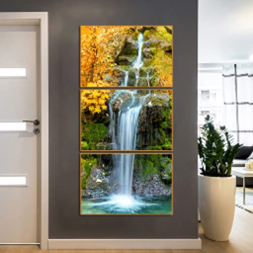 Cascada abstracta de 3 paneles en el bosque de otoño amarillo Pintura en lienzo Paisaje moderno Carteles e impresiones Arte de la pared Decoración Cover