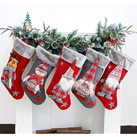 Poseca Christmas Stocking Set of 5,Large Christmas Stocking,Plush Gnome Santa Snowman Elk Christmas Stocking Candy Gift Bag Xmas Party Chrismas Tree Fireplace Hanging Decoration Cover