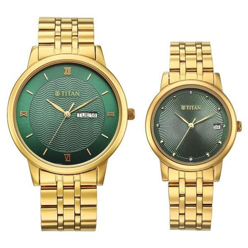 Image of Titan Bandhan Eternal Pair Analog with Date and Green Dial Yellow Gold Stainless Steel Strap Watch for Couples - 19672967YM01