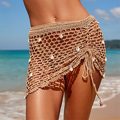 Women's Pure hand Crochet Hollow Out Shell Khaki Swimwear Swimsuit Cover Up Beach Skirt.(SJJ71)2