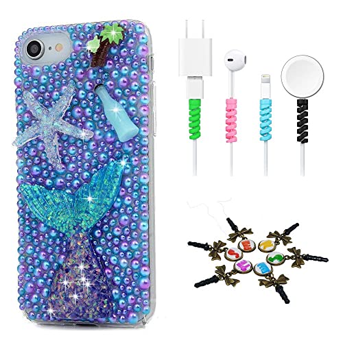 STENES Bling Phone Case Compatible with Bling Case Compatible iPhone 11 - Stylish - 3D Handmade [Sparkle Series] Starfish Coconut Tree Mermaid Tail Design Cover with Cable Protector [4 Pack] - Blue