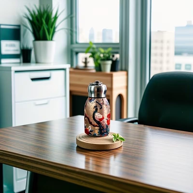 Image of Mini Vacuum Insulated Water Bottle 300 ml, Double Wall Stainless Steel Thermal Flask with Decorative Peacock Print, Compact Travel Mug for Office, Gym, School, Hiking and Daily Carry