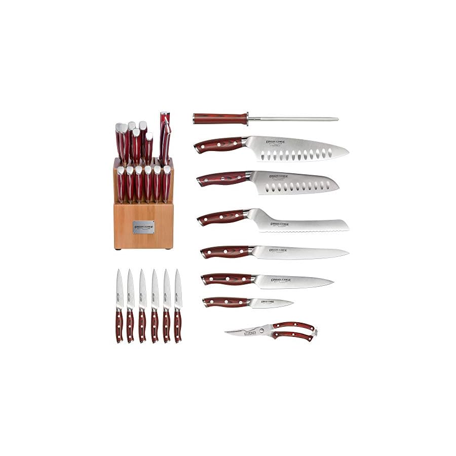 Ergo Chef Crimson Series Bamboo Block Knife Set Forged High Carbon X50CrMoV15 German Stainless-Steel, Full Tang, Durable G10 Handles (15pc. Block Set)