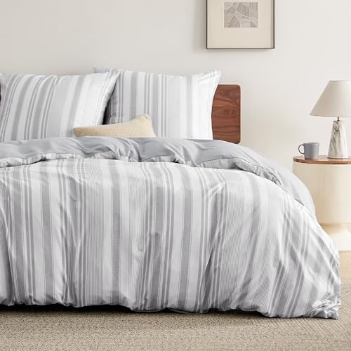 BEDSURE Bettwäsche 220x240 3teilig Bettbezug - Bettwäsche-Sets 240 x 220 cm mit 2 Kissenbezüge 80x80 cm, ÖKO-TEX Wendebettwäsche Bedding Grau Streifen Muster für Doppelbett mit Reißverschluss