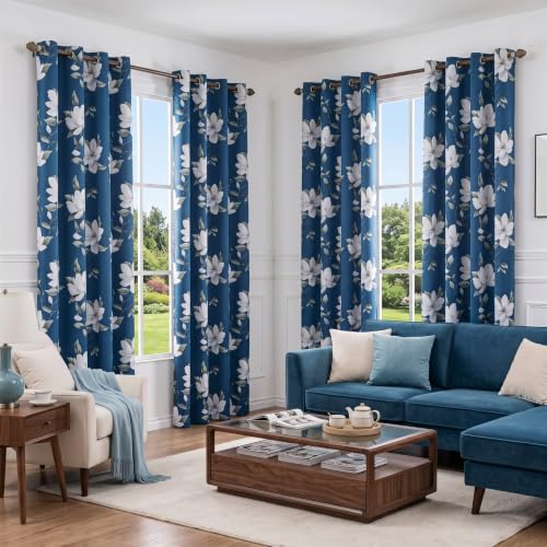 Image of MYSKY HOME Floral 95% Blackout Curtains 102 Inch Long 2 Panels Set for Kitchen White Flower Printed Thermal Insulated Light Blocking Black Out Grommet Window Treatments, 52 inch W Each Panel, Blue