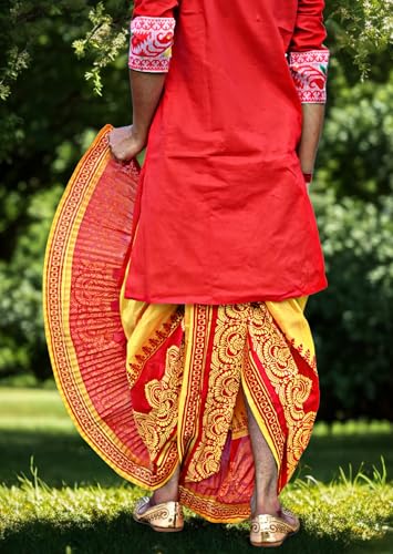 Image of Men's Ready to Wear Pant System Printed MAYUR PUCHHA Dhoti for Marriage, Pooja, Festival etc.(GC010)