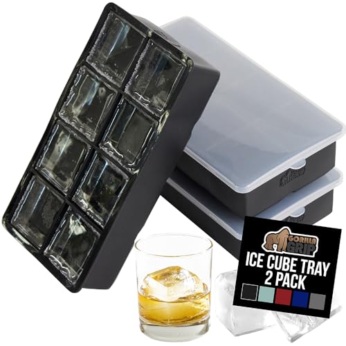 GORILLA GRIP Slow Melting Large Silicone Ice Cube Tray for Freezer, 2 Pack, Easy to Push 8 Giant Square Cubes, Use for Cocktails, Iced Coffee, Water Bottle, Frozen Puree, Kitchen Bar Essentials, Black