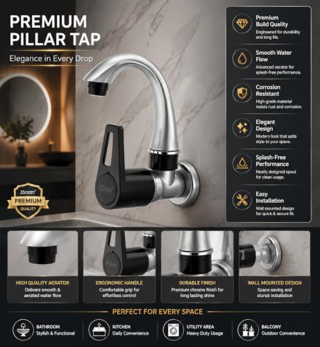 Image of MONIT Sink Cock Tap for Kitchen & Bathroom - Big Neck Faucet for Wash Basins with Teflon Tape, Metallic Grey - Black Dual with teflone taps