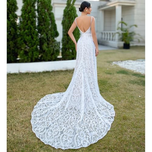 WIOJEIGO Women's Lace Boho Wedding Dress 2025 for Bride Spaghetti Straps Bohemian Long Mermaid Beach Bridal Gowns2