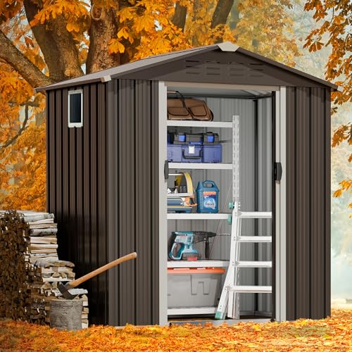 JYQAQA-6×4-FT-Outdoor-Garden-Storage-ShedWaterproof-Metal-Garden-Sheds-with-Lockable-Double-DoorWeather-Resistant-Steel-Tool-Storage-House-Shed-forGardenPatioLawn-Gray JYQAQA 6×4 FT Outdoor Garden Storage ShedWaterproof Metal Garden Sheds with Lockable Double DoorWeather Resistant Steel Tool Storage House Shed forGardenPatioLawn Gray