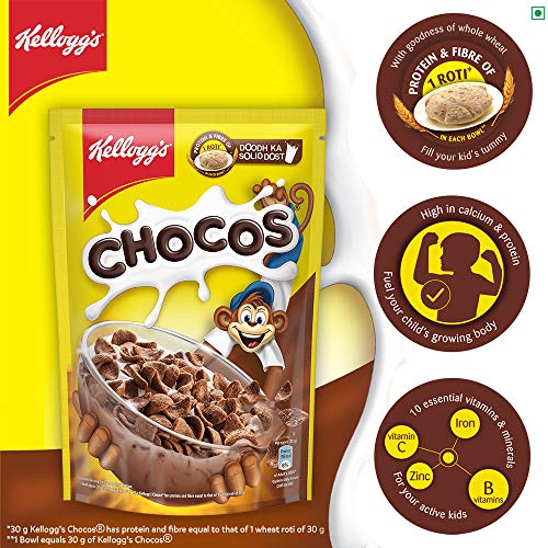 Image of Kellogg's Chocos, with Protein & Fibre of 1 Roti* in Each Bowl**, High in Calcium & Protein, with 10 Essential Vitamins & Minerals, Breakfast Cereals, 385g Pack