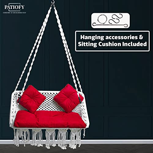 Image of Patiofy Premium Double Seater Swing / 2 Seater Swing for Balcony /Double Seater Swing Chair /Swing for Adults for Home for 2 People /Includes Large Red Sitting Cushion & 2 Small Back Cushion (White)