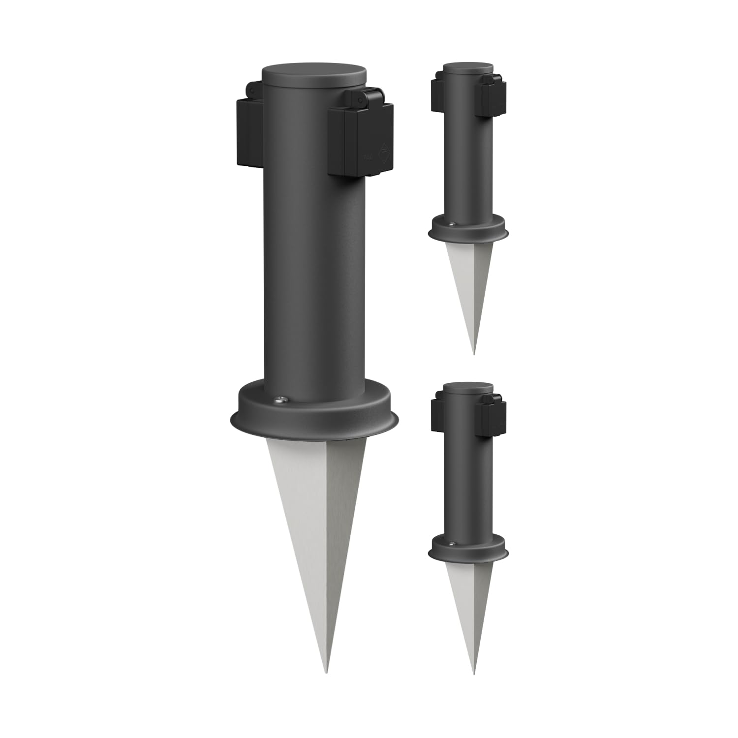 ledscom.de 3X Garten-Steckdosen-Säule PORU mit Erdspieß für außen, 2-Fach, Edelstahl, anthrazit, rund, 27cm
