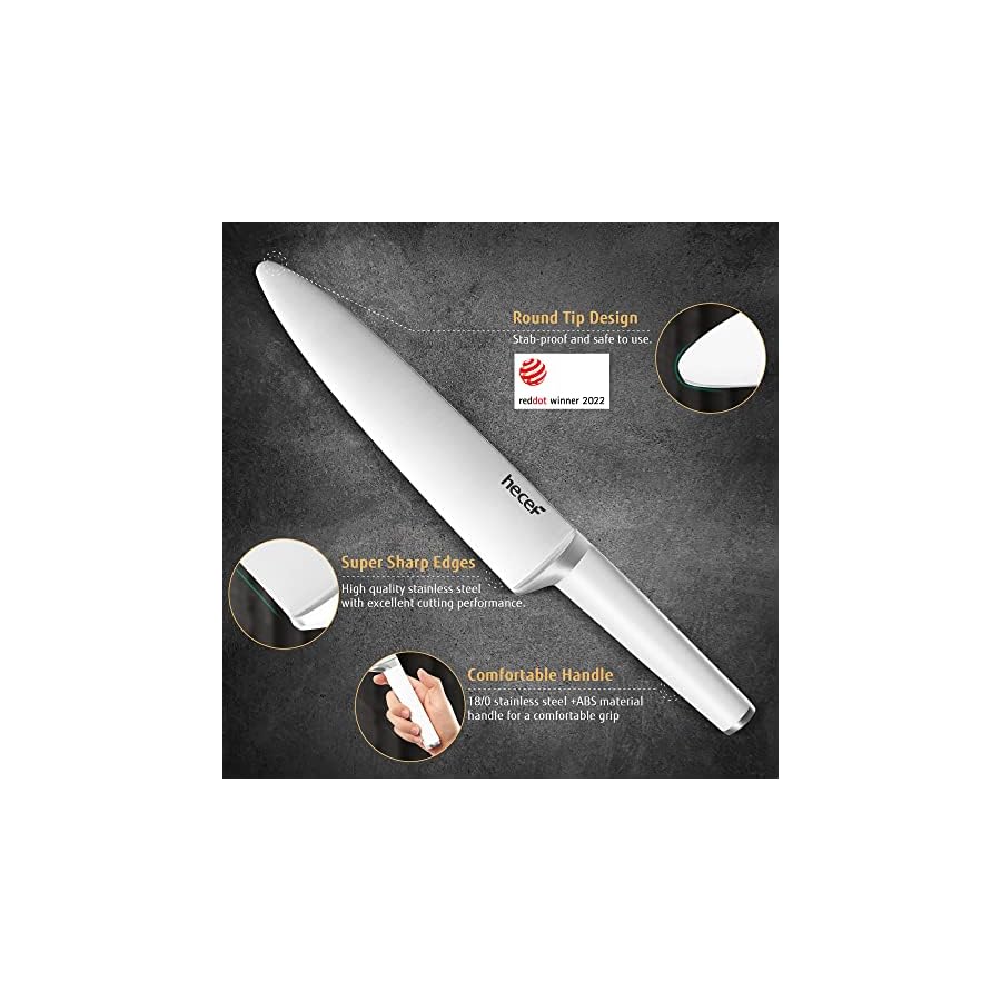 hecef-Black-Kitchen-Knife-Set-Block-Ergonomic-Handle-Massage-Design-Basic-Knife-Set-for-Chef-Cutting-Cooking-White-Stainless-ABS-Material-Handle hecef Kitchen Knife Set with Wooden Block 15 PCS White, High Carbon Stainless Steel Ultra Sharp Kitchen Knife Set with 6 PCS Steak Knives, Meat Scissors, Sharpener Steel